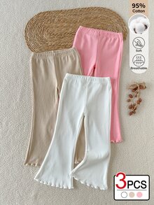 SHEIN 3pcs Celana Panjang Anak Perempuan Balita Gaya Kasual Segar Garis Vertikal Tekstur Rumbai di Bagian Bawah Ketebalan Normal Celana Panjang Model Kaki Lebar untuk Musim Semi dan Gugur - MultiWarna - View 4