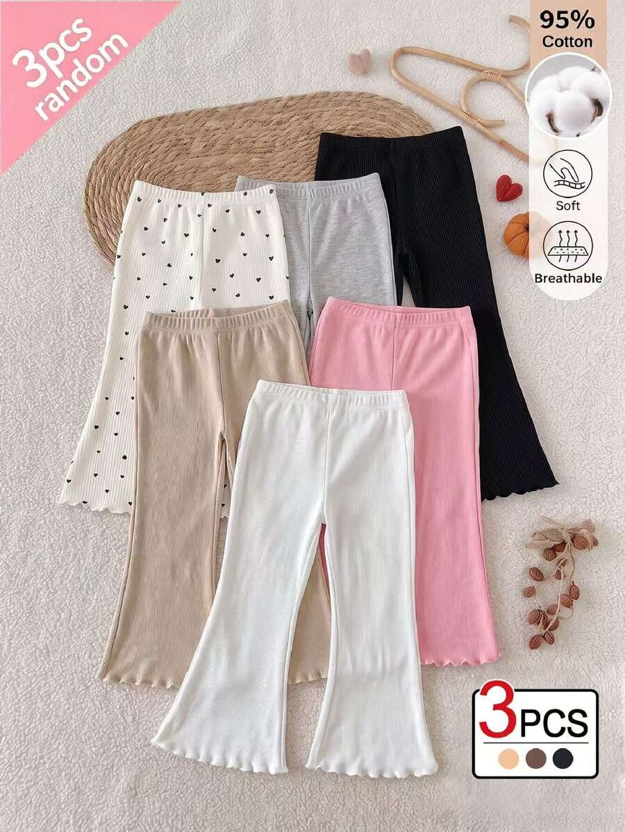 SHEIN 3pcs Girls Toddler Long Pants Fresh Casual Style Vertical Stripe Textured Ruffle Hem Regular Thickness Baby Flared Leg Pants Set For Spring Autumn