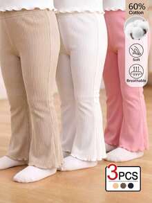 SHEIN 3pcs Celana Panjang Anak Perempuan Balita Gaya Kasual Segar Garis Vertikal Tekstur Rumbai di Bagian Bawah Ketebalan Normal Celana Panjang Model Kaki Lebar untuk Musim Semi dan Gugur - MultiWarna - View 3