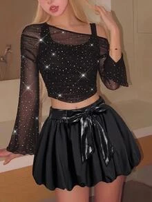 SHEIN MOD 女款純色腰部打結時尚鬱金香下擺裙，秋季服飾，夏季，可愛風，節慶穿搭，萬聖節，新年穿搭，生日穿搭 - 黑色 - 查看 8