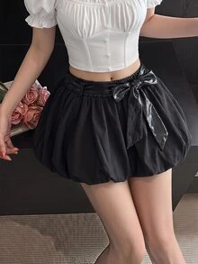 SHEIN MOD 女款純色腰部打結時尚鬱金香下擺裙，秋季服飾，夏季，可愛風，節慶穿搭，萬聖節，新年穿搭，生日穿搭 - 黑色 - 查看 9