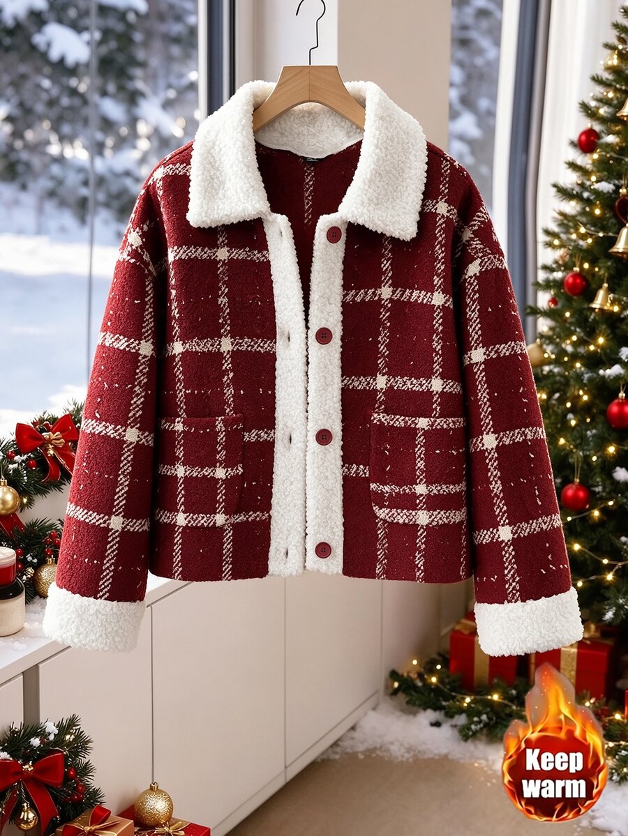 SHEIN LUNE CURVE Plus Size Women's Autumn/Winter Fashion Vintage Red Plaid Lambswool Patchwork Jacket, Loose Fit Comfortable Lapel Short Button-Up Versatile Coat - Multicolor - View 1