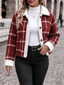 SHEIN LUNE CURVE Plus Size Women's Autumn/Winter Fashion Vintage Red Plaid Lambswool Patchwork Jacket, Loose Fit Comfortable Lapel Short Button-Up Versatile Coat - Multicolor - View 5