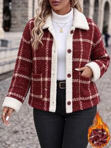 SHEIN LUNE CURVE Plus Size Women's Autumn/Winter Fashion Vintage Red Plaid Lambswool Patchwork Jacket, Loose Fit Comfortable Lapel Short Button-Up Versatile Coat - Multicolor - View 4