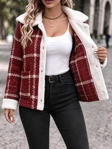 SHEIN LUNE CURVE Plus Size Women's Autumn/Winter Fashion Vintage Red Plaid Lambswool Patchwork Jacket, Loose Fit Comfortable Lapel Short Button-Up Versatile Coat - Multicolor - View 6