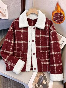 SHEIN LUNE CURVE Plus Size Women's Autumn/Winter Fashion Vintage Red Plaid Lambswool Patchwork Jacket, Loose Fit Comfortable Lapel Short Button-Up Versatile Coat - Multicolor - View 3