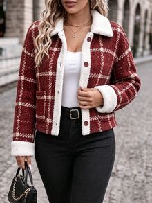 SHEIN LUNE CURVE Plus Size Women's Autumn/Winter Fashion Vintage Red Plaid Lambswool Patchwork Jacket, Loose Fit Comfortable Lapel Short Button-Up Versatile Coat - Multicolor - View 7