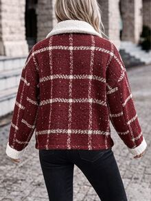 SHEIN LUNE CURVE Plus Size Women's Autumn/Winter Fashion Vintage Red Plaid Lambswool Patchwork Jacket, Loose Fit Comfortable Lapel Short Button-Up Versatile Coat - Multicolor - View 2