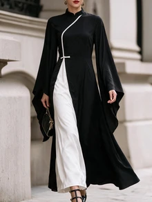 Elenzga 2026 New Chinese Style Asymmetrical Stand Collar Muslim Long Dress Flare Sleeve Black And White Contrast Color Elegant Dinner Formal Fall - Black and White - View 5