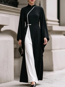 Elenzga 2026 New Chinese Style Asymmetrical Stand Collar Muslim Long Dress Flare Sleeve Black And White Contrast Color Elegant Dinner Formal Fall - Black and White - View 4