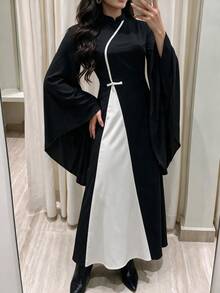 Elenzga 2026 New Chinese Style Asymmetrical Stand Collar Muslim Long Dress Flare Sleeve Black And White Contrast Color Elegant Dinner Formal Fall - Black and White - View 6