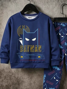 BATMAN X SHEIN 2件組小男孩休閒可愛卡通印花圓領長袖衛衣與運動長褲套裝，抓絨內裡，適合秋冬穿著 - 彩色 - 查看 4