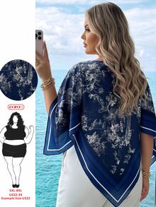 SHEIN CURVE+ Plus Size Women's Plant & Animal Print Boat Neck Asymmetrical Hem Fashion Blouse Fall - Blue - View 3