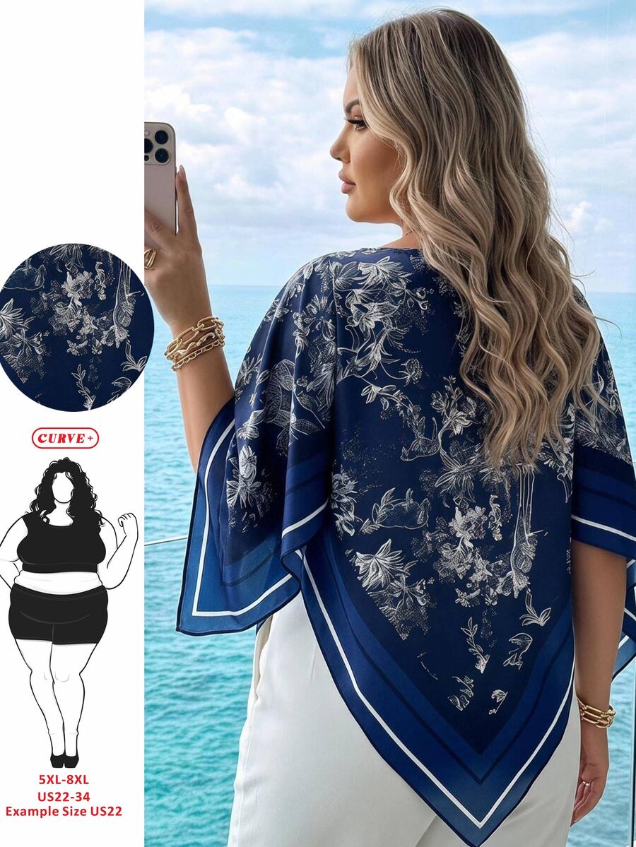 SHEIN CURVE+ Plus Size Women's Plant & Animal Print Boat Neck Asymmetrical Hem Fashion Blouse Fall - Blue - View 1