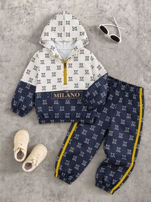 SHEIN Explorewe 2pcs/Set Young Boy Contrast Color Block Long Sleeve Half-Zip Hooded Casual Outfit Hodddie Autumn Fall - Blue - View 2