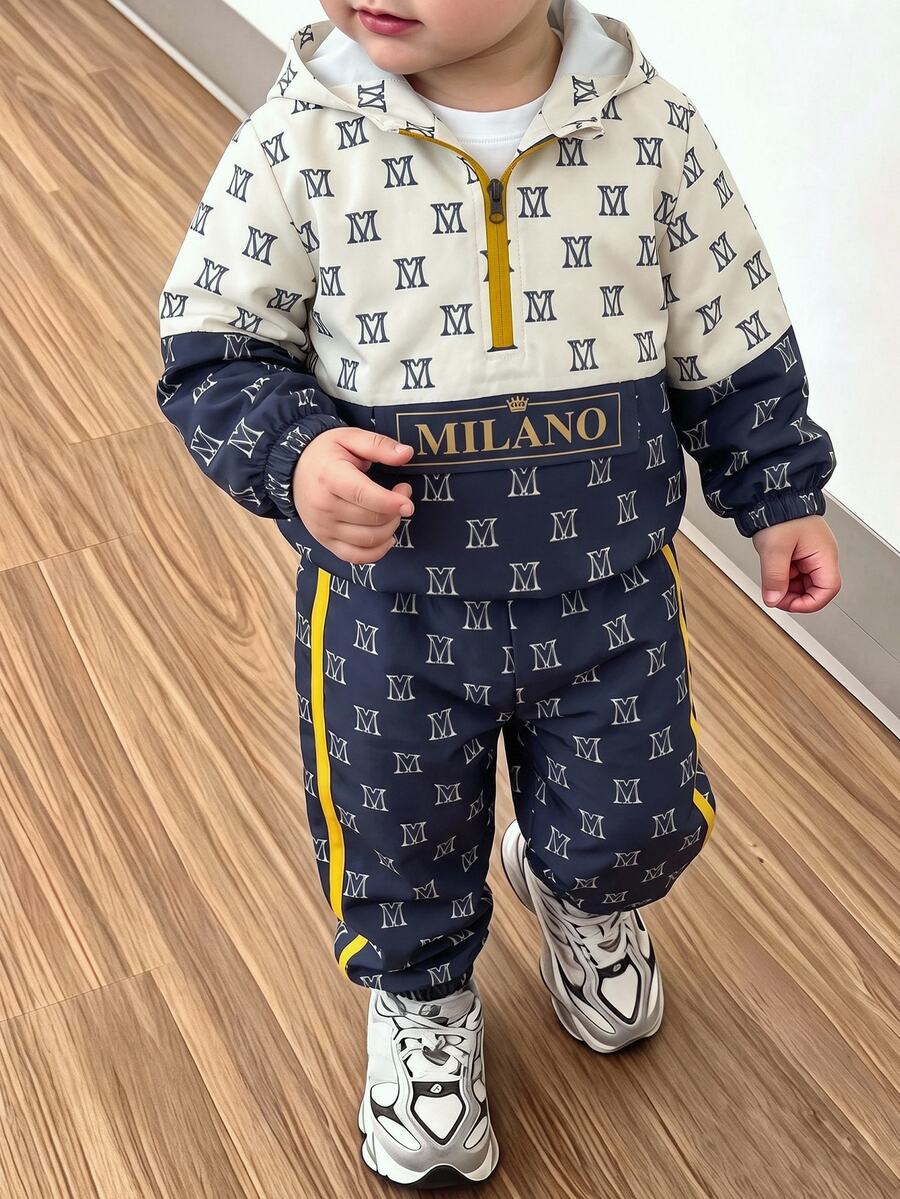 SHEIN Explorewe 2pcs/Set Young Boy Contrast Color Block Long Sleeve Half-Zip Hooded Casual Outfit Hodddie Autumn Fall - Blue - View 1