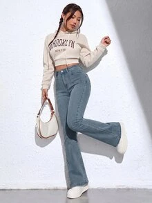 Jeanoix High Waist Flare Leg Jeans - Blue - View 5