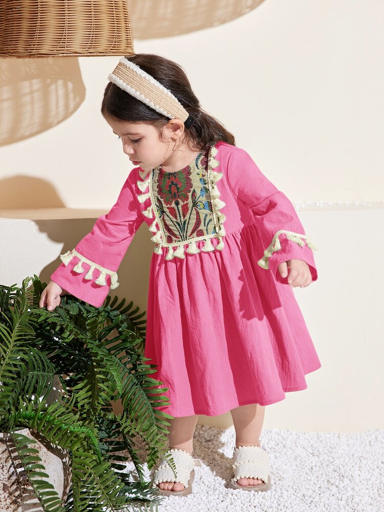Babygirl Cute Floral Print Tassel Long Sleeve Dress, Suitable For Spring/Summer Vacation - Hot Pink - View 2
