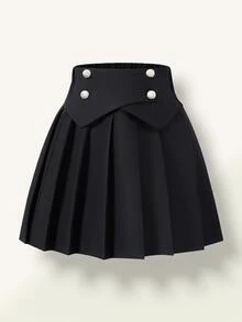 SHEIN 青少年女孩秋季休閒學院風優雅純色百褶迷你裙，返校教師節校園黑色秋季款 - 黑色 - 查看 9