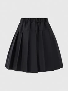 SHEIN 青少年女孩秋季休閒學院風優雅純色百褶迷你裙，返校教師節校園黑色秋季款 - 黑色 - 查看 4