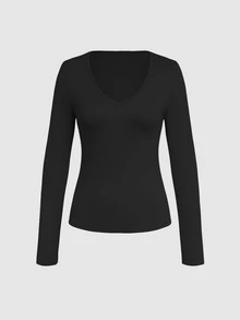 Glimmora Women's Solid Color V-Neck Fitted Casual Long Sleeve T-Shirt - Black - View 5