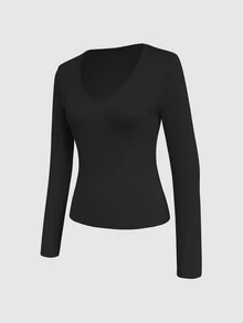 Glimmora Women's Solid Color V-Neck Fitted Casual Long Sleeve T-Shirt - Black - View 4