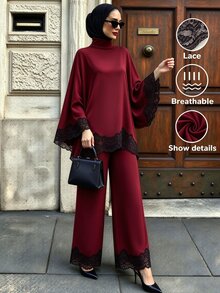 SHEIN Unity 女款對比蕾絲喇叭袖上衣與寬腿褲休閒端莊優雅兩件套，適合晚餐派對夜晚，黑白色，秋季 - 酒紅色 - 查看 1