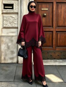 SHEIN Unity 女款對比蕾絲喇叭袖上衣與寬腿褲休閒端莊優雅兩件套，適合晚餐派對夜晚，黑白色，秋季 - 酒紅色 - 查看 3