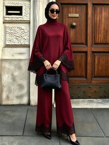 SHEIN Unity 女款對比蕾絲喇叭袖上衣與寬腿褲休閒端莊優雅兩件套，適合晚餐派對夜晚，黑白色，秋季 - 酒紅色 - 查看 4