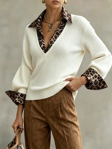 Glimmora Women's Leopard Print Patchwork Casual Daily Long Sleeve Sweater - White - View 4