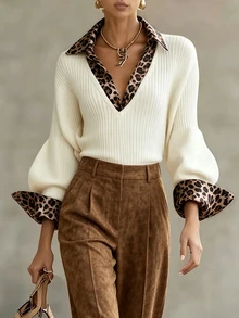 Glimmora Women's Leopard Print Patchwork Casual Daily Long Sleeve Sweater - White - View 3