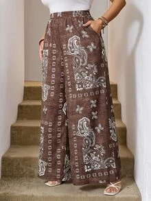 Easowa Curve Plus Size Paisley Print Casual Boho Smart Casual Wide Leg Pants Vacation Chocolate Brown Autumn - Multicolor - View 2