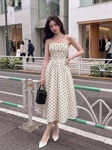 Skyraze Vintage French Classic Ruched White And Black Polka Dot Spaghetti Strap Midi Dress Vacation Summer - Multicolor - View 1