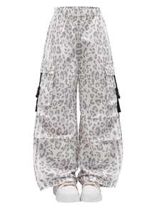 SHEIN Tween Girl Fall Leopard Print Casual Uniform Streetwear Baggy Street Long Pants, Holiday, School Dance White Gymnastics - Grey - View 5