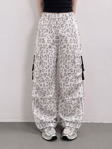SHEIN Tween Girl Fall Leopard Print Casual Uniform Streetwear Baggy Street Long Pants, Holiday, School Dance White Gymnastics - Grey - View 1