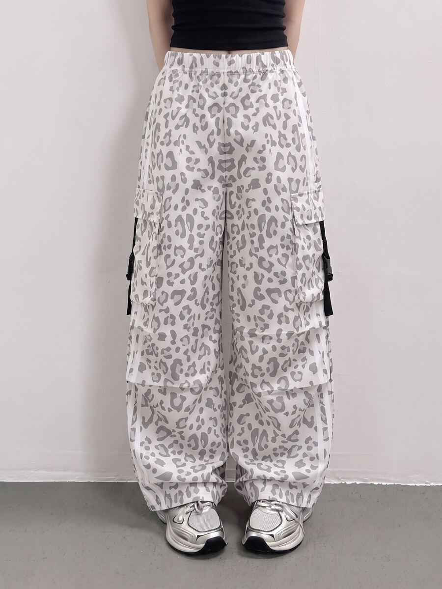 SHEIN Tween Girl Fall Leopard Print Casual Uniform Streetwear Baggy Street Long Pants, Holiday, School Dance White Gymnastics - Grey - View 1
