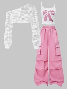 SHEIN 青少年女孩 3 件組 Y2K 風格網紗上衣蝴蝶結圖案細肩帶背心與工裝褲套裝 - 粉色 - 查看 1