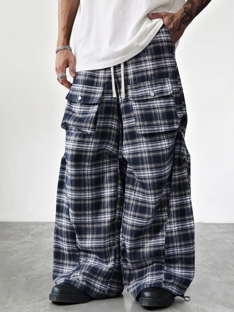 PAVTROS Men's Drawstring Waist Plaid Cargo Pocket Wide Leg Loose Fit Long Pants - Blue and White - View 3