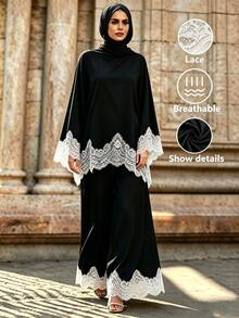 SHEIN Unity 女款蕾絲拼接上衣與長褲休閒日常兩件套 - 黑色 - 查看 7