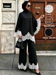 SHEIN Unity 女款蕾絲拼接上衣與長褲休閒日常兩件套 - 黑色 - 查看 1