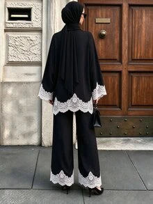 SHEIN Unity 女款蕾絲拼接上衣與長褲休閒日常兩件套 - 黑色 - 查看 2
