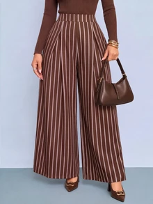 SOLERSUN Women's Brown Stripe Wide Leg Pants High Waist Pleated Front With Pockets Elegant Casual Commute Daily Office Business Fall - Brown - View 4