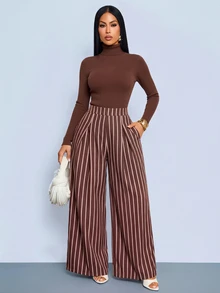 SOLERSUN Women's Brown Stripe Wide Leg Pants High Waist Pleated Front With Pockets Elegant Casual Commute Daily Office Business Fall - Brown - View 5