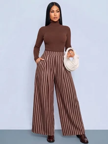 SOLERSUN Women's Brown Stripe Wide Leg Pants High Waist Pleated Front With Pockets Elegant Casual Commute Daily Office Business Fall - Brown - View 7