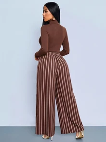 SOLERSUN Women's Brown Stripe Wide Leg Pants High Waist Pleated Front With Pockets Elegant Casual Commute Daily Office Business Fall - Brown - View 3