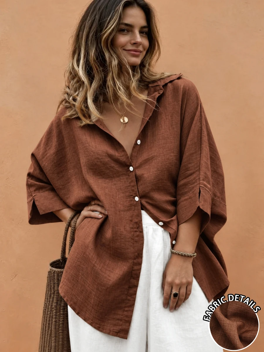 Weeklong Plus-Size Women's Spring/Summer Casual, Simple, And Versatile Resort-Style Khaki Solid-Color Loose-Fit Drop-Shoulder Collared Shirt-Perfect For Spring And Summer - Rust Brown - View 1
