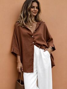 Weeklong Plus-Size Women's Spring/Summer Casual, Simple, And Versatile Resort-Style Khaki Solid-Color Loose-Fit Drop-Shoulder Collared Shirt-Perfect For Spring And Summer - Rust Brown - View 4