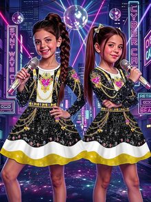 SHEIN 女童韓系K-Pop圓領長袖洋裝，適合假期表演與嘉年華 - 粉色 - 查看 3