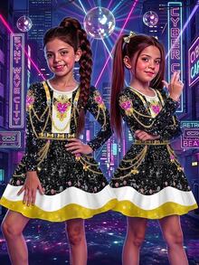 SHEIN 女童韓系K-Pop圓領長袖洋裝，適合假期表演與嘉年華 - 粉色 - 查看 2