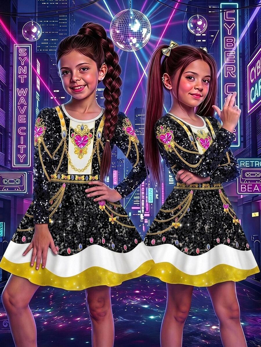SHEIN 女童韓系K-Pop圓領長袖洋裝，適合假期表演與嘉年華